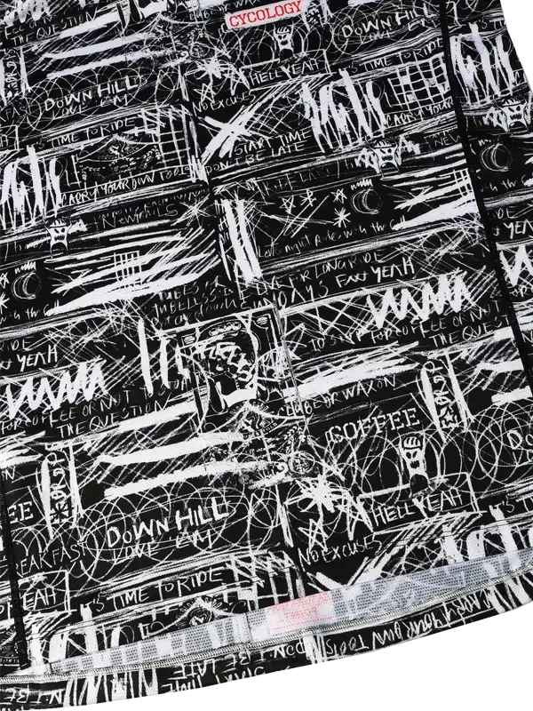 Black and white graffiti-style cycling jersey with bold text and urban graphics for men and women