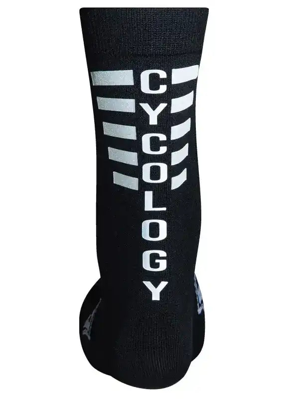Black cycling sock with white 'CYCOLOGY' text and stripe design, performance athletic wear for cyclists