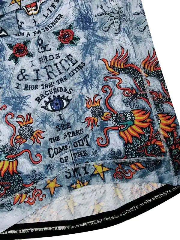 Men's cycling jersey with dragon, roses, and tattoo-style graphics, featuring 'I ride' text and bold designs