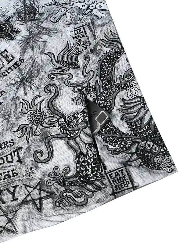 Black and white dragon print cycling jersey with 'Eat Ride Sleep' text, ideal for men's and women's bike wear.