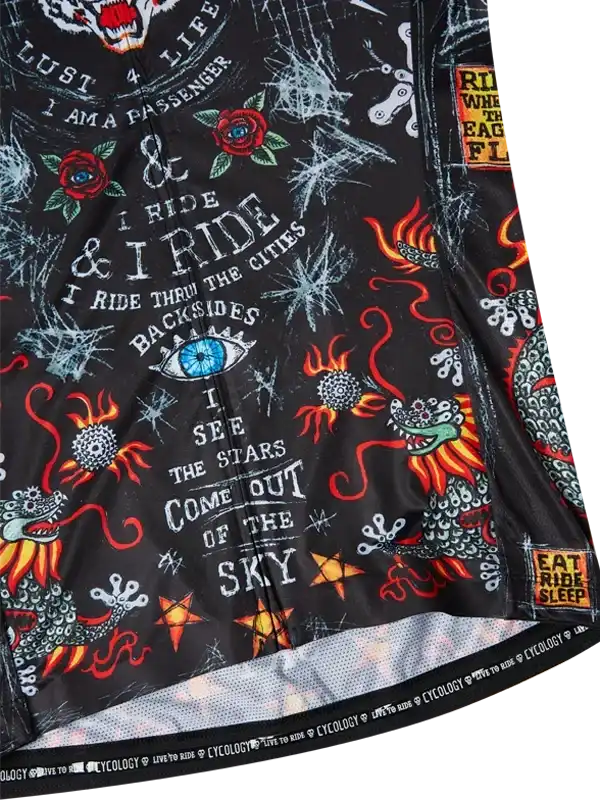 Men's cycling jersey with bold graphic print, dragons, roses, and ride-themed text on black fabric