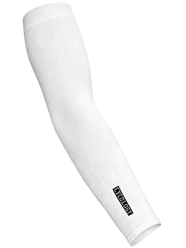 White cycling arm sleeve with breathable fabric and Cycology logo, ideal for men's and women's bike rides.