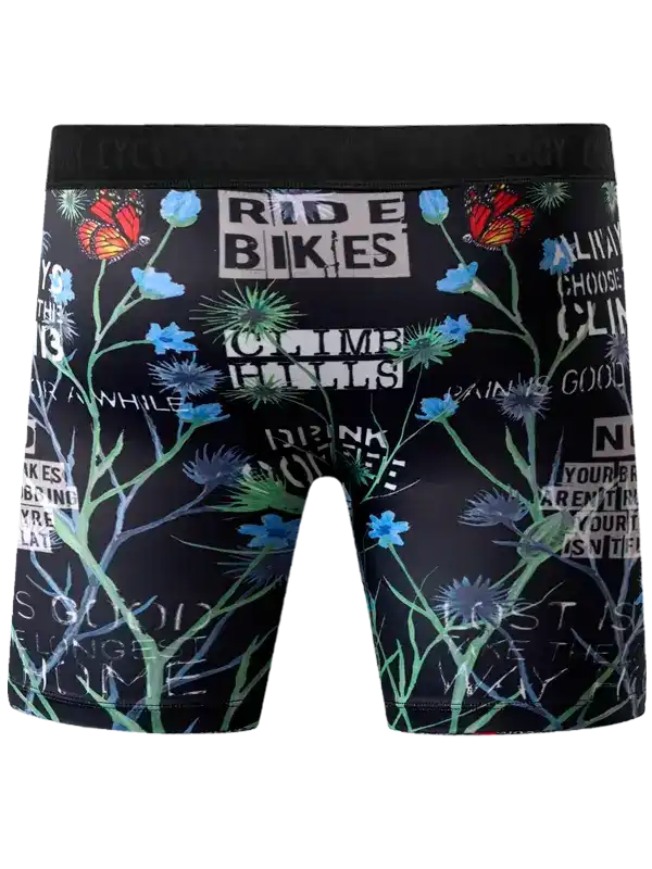Men's cycling shorts with floral and butterfly print, motivational cycling quotes, black base