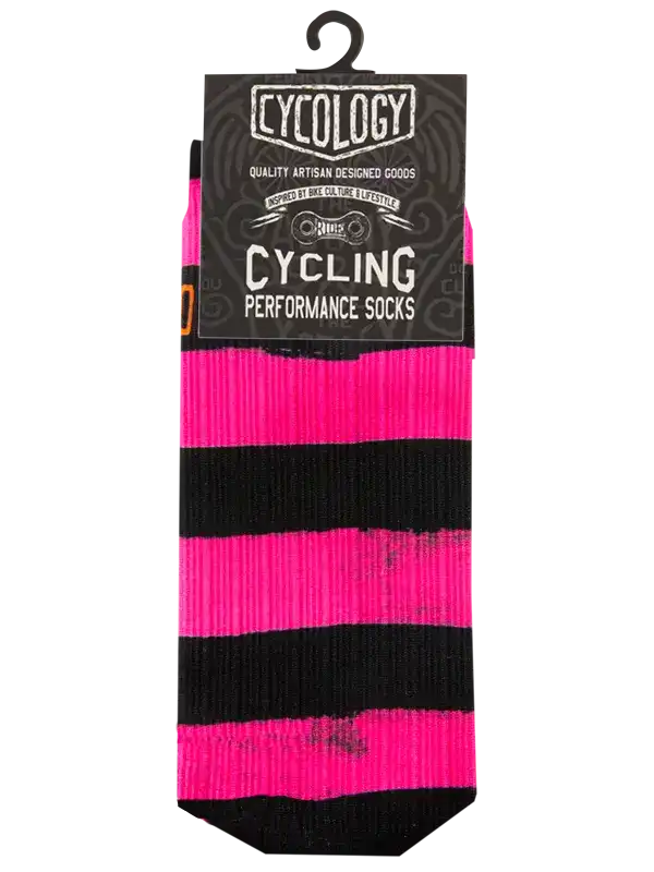 Pink and black striped cycling performance socks with branded tag