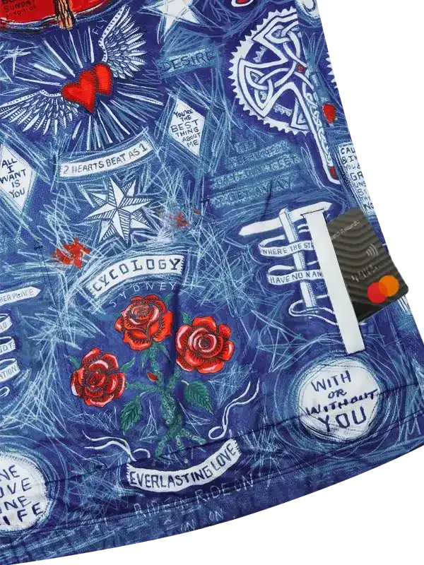 Blue cycling jersey with red roses, hearts, and unique designs for men and women
