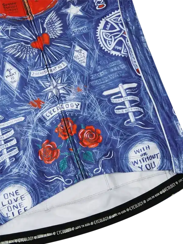 Blue cycling jersey with red roses, wings, and inspirational quotes, featuring unique graphic design for men and women.