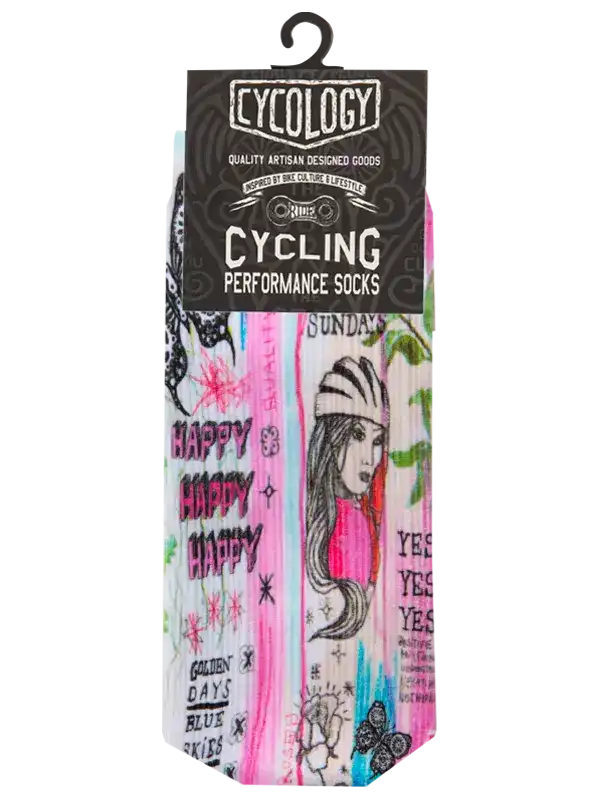 Cycling performance socks with colorful graphic design, featuring 'Happy' text and artistic illustrations for bike enthusiasts.