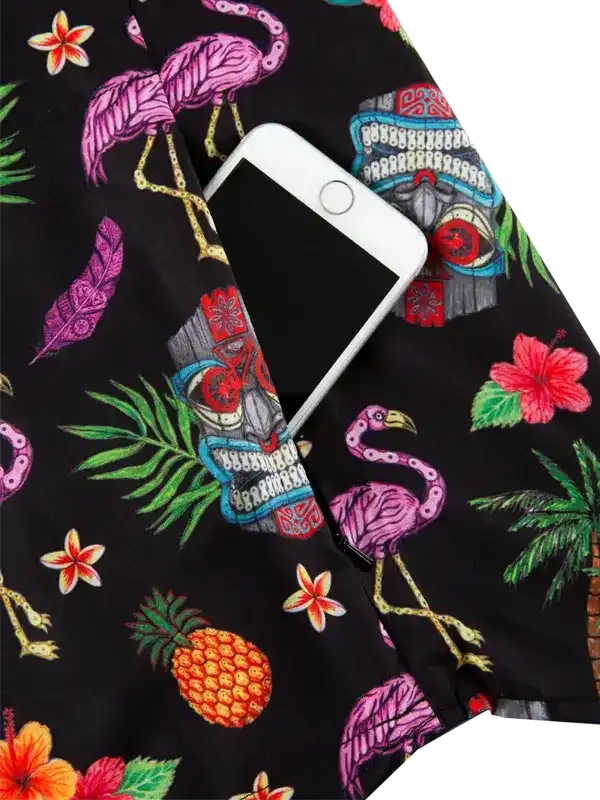 Tropical flamingo and pineapple print cycling shorts with phone pocket, vibrant summer design