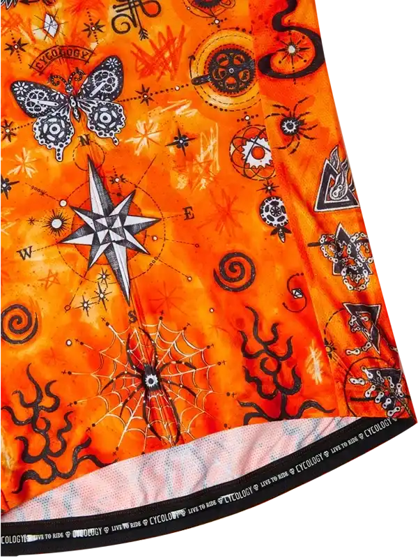 Vibrant orange cycling jersey with butterfly, compass, and spiderweb graphics for men's and women's rides