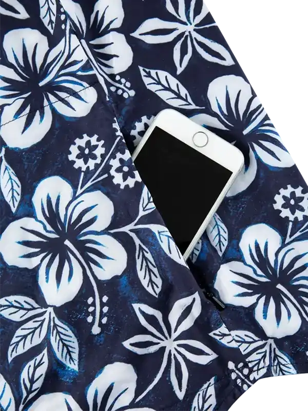 Blue cycling shorts with white floral print and phone pocket, ideal for men's or women's bike rides