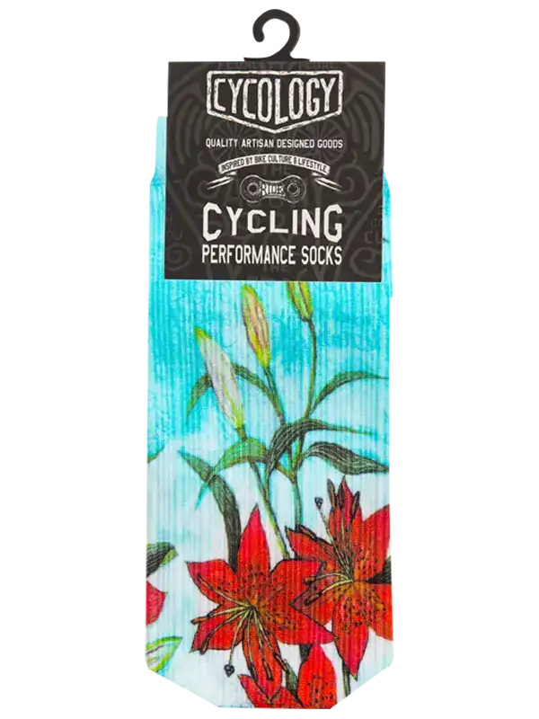 Cycling performance socks with red lily floral print, artisan-designed for bike culture