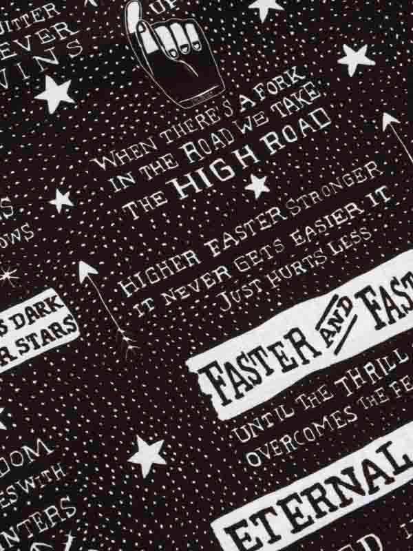 Black cycling jersey with white stars, motivational quotes, and 'Faster & Fast' graphic design