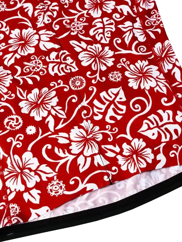 Red cycling jersey with white floral pattern, breathable fabric, ideal for men and women riders
