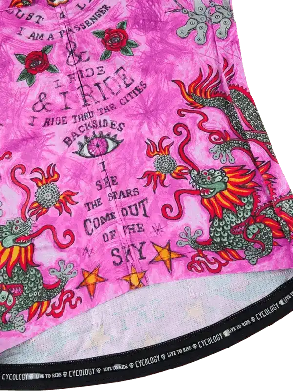 Pink cycling jersey with dragon, roses, and stars design for men and women