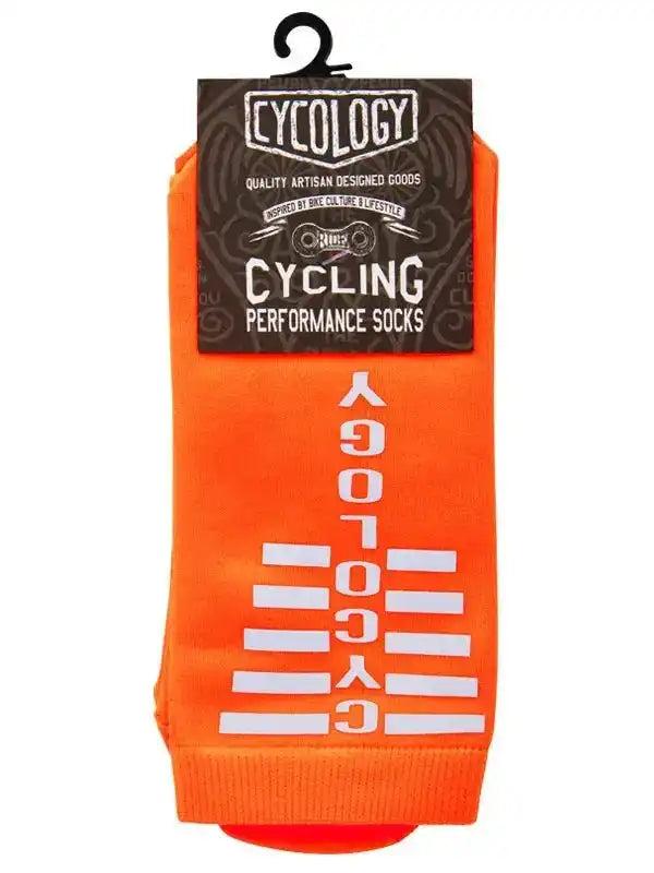 Bright orange cycling performance socks with white CYCOLOGY logo, designed for bike culture and comfort.