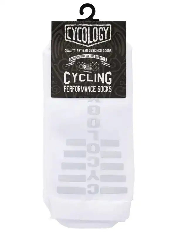 White cycling performance socks with gray branding, packaged for men's and women's bike rides