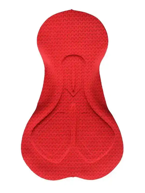 Red cycling chamois pad with ergonomic design and textured surface for comfort