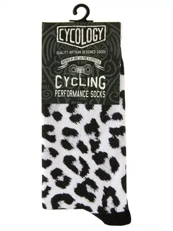 Cycling performance socks with bold black and white leopard print design for men and women