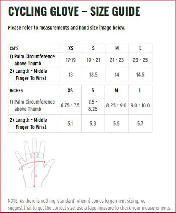 Cycling glove size guide with hand measurements in cm and inches for accurate fit