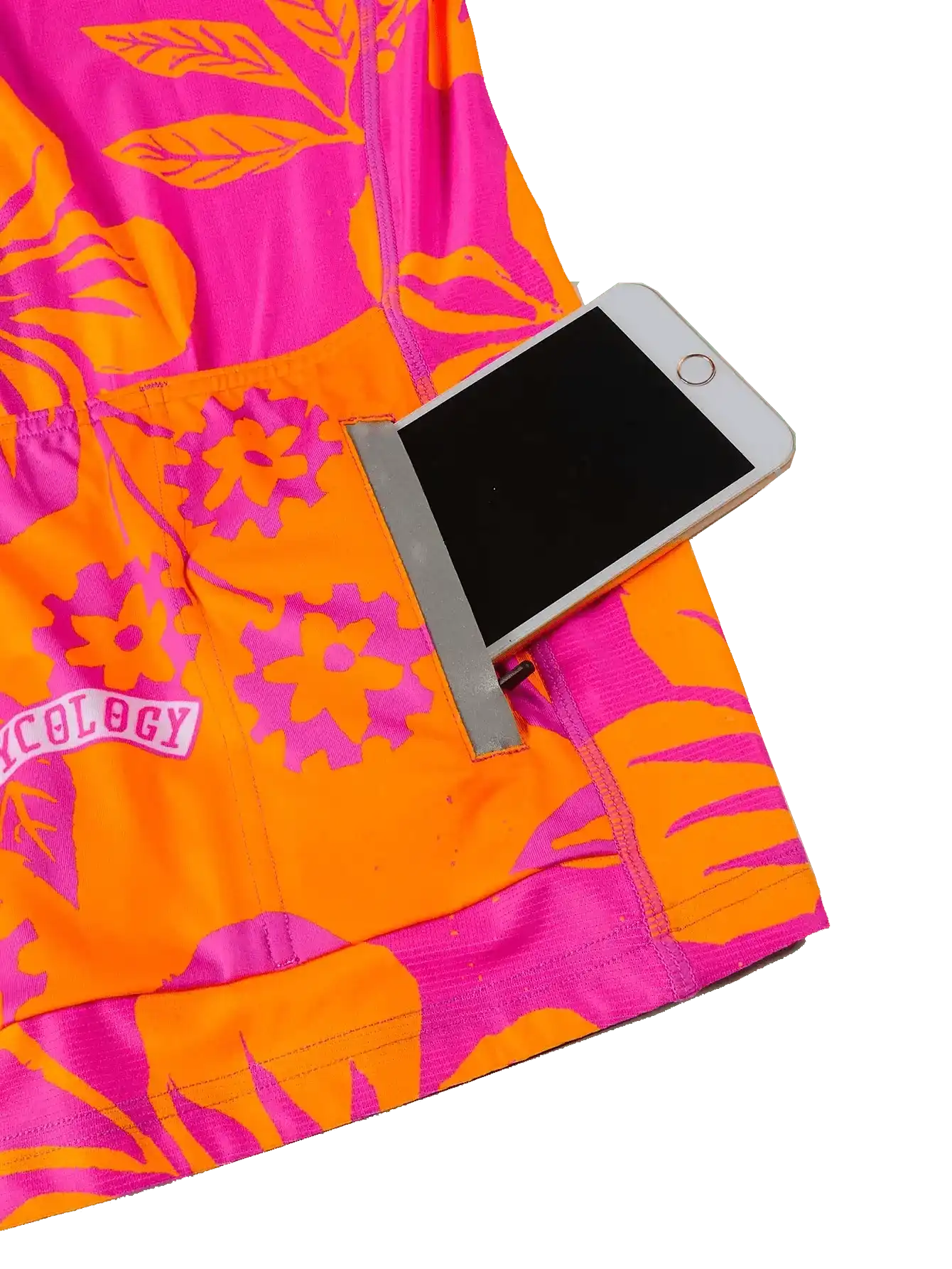 Vibrant pink and orange floral cycling jersey with phone pocket, showcasing functional design for riders.