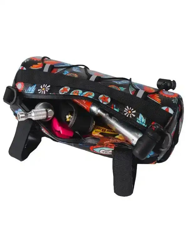 Colorful cycling frame bag with tools and pump, perfect for bike rides and adventures
