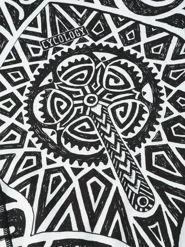 Cycology cycling jersey with bold black and white geometric gear design, ideal for men's and women's rides