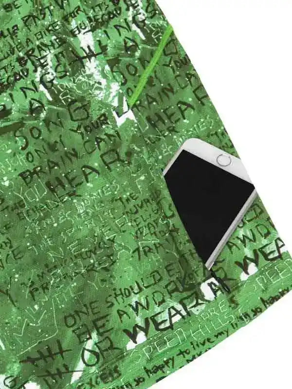 Green cycling shorts with bold text print and phone pocket, designed for comfort and style on rides.