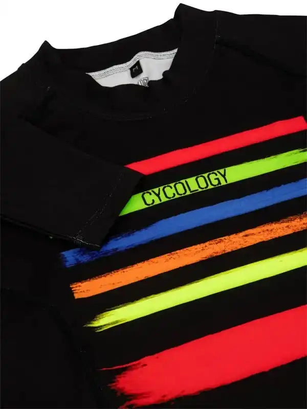 Black cycling jersey with vibrant rainbow stripes and 'CYCOLOGY' text, ideal for men's and women's cycling apparel.