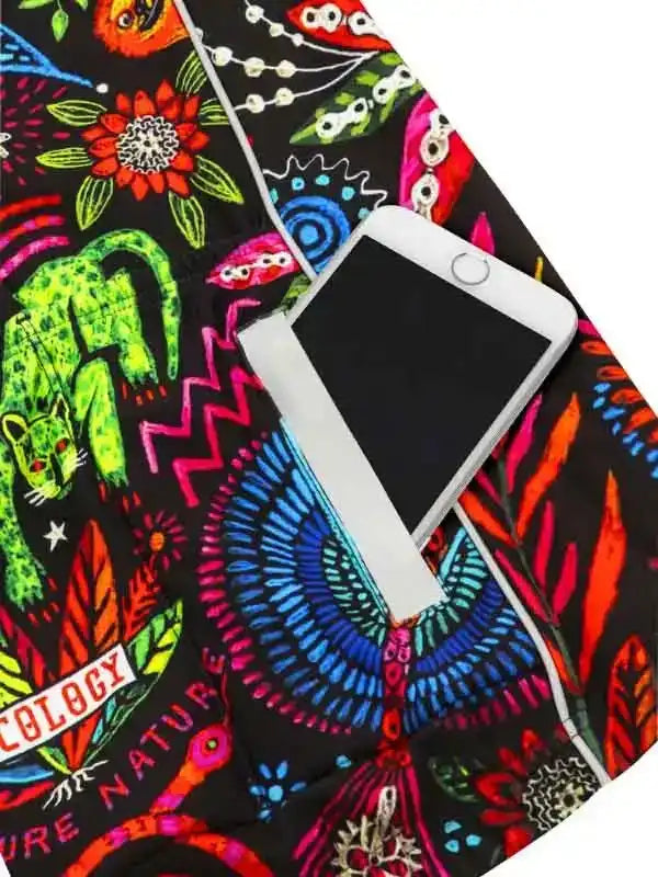Vibrant floral and animal print cycling shorts with phone pocket, featuring bold colors and nature-inspired design.