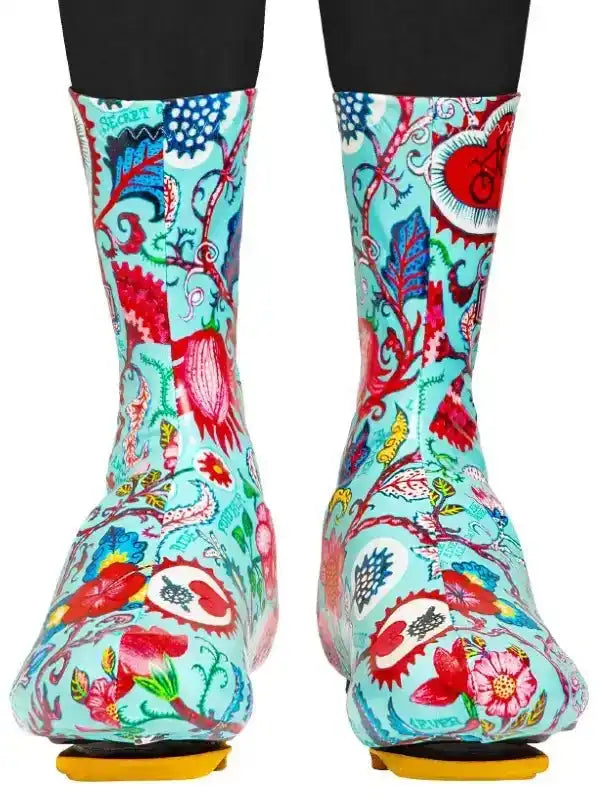 Colorful floral cycling shoe covers with vibrant patterns for men and women riders