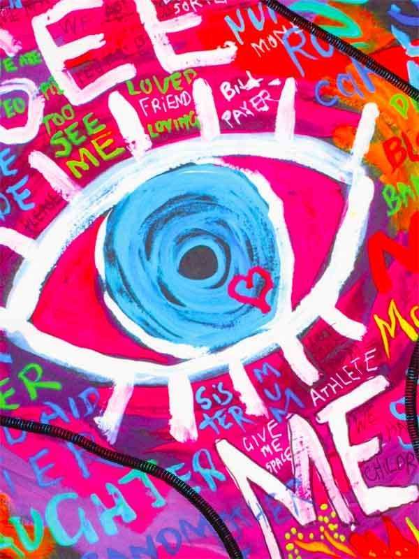 Vibrant cycling jersey with bold eye graphic and colorful text design