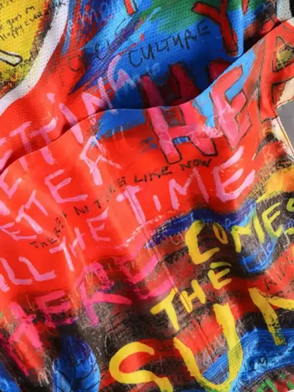 Vibrant graffiti-style cycling jersey with bold text art, perfect for urban rides