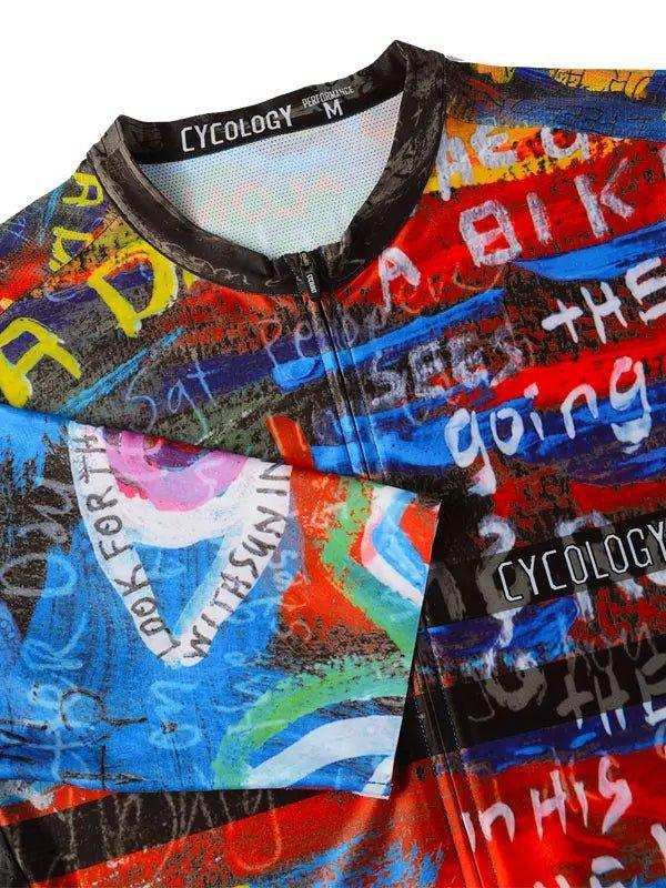 Men's colorful graphic cycling jersey with bold text print, breathable fabric, and full zipper