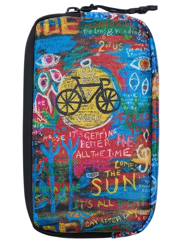 Colorful cycling-themed pouch with bike graphic and motivational text, ideal for cyclists