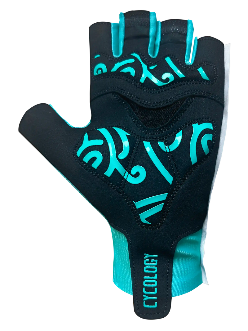 Black and teal cycling glove with ergonomic design and breathable mesh, ideal for road and mountain biking comfort.