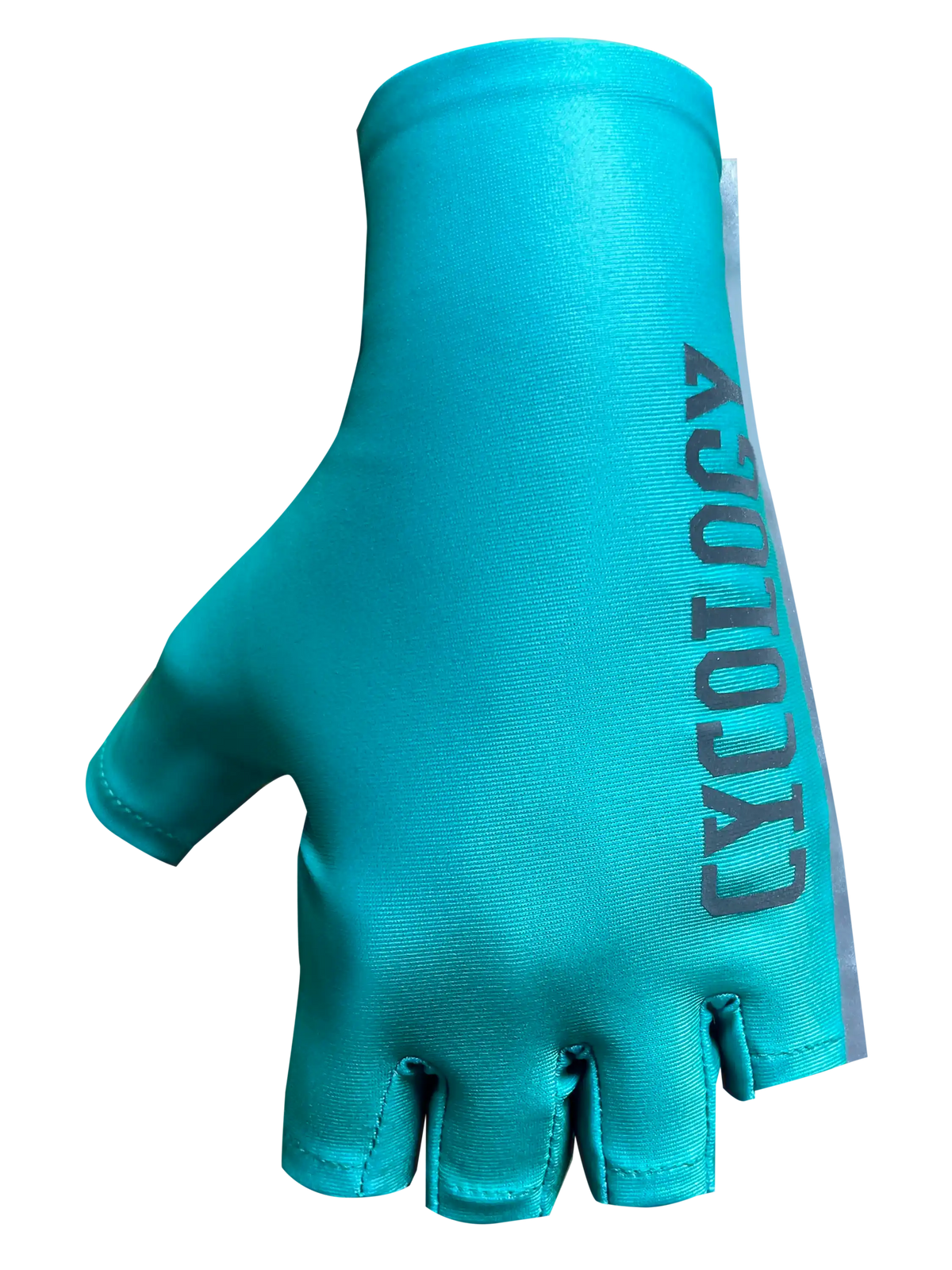 Teal fingerless cycling glove with 'CYCOLOGY' branding, designed for comfort and performance on rides.