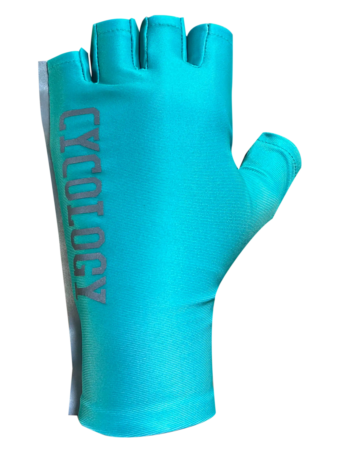 Turquoise fingerless cycling glove with 'CYCOLOGY' branding, ideal for men's and women's bike rides.
