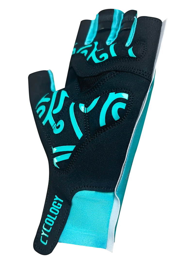 Black and teal cycling glove with fingerless design and bold graphic print for men's and women's bike rides.