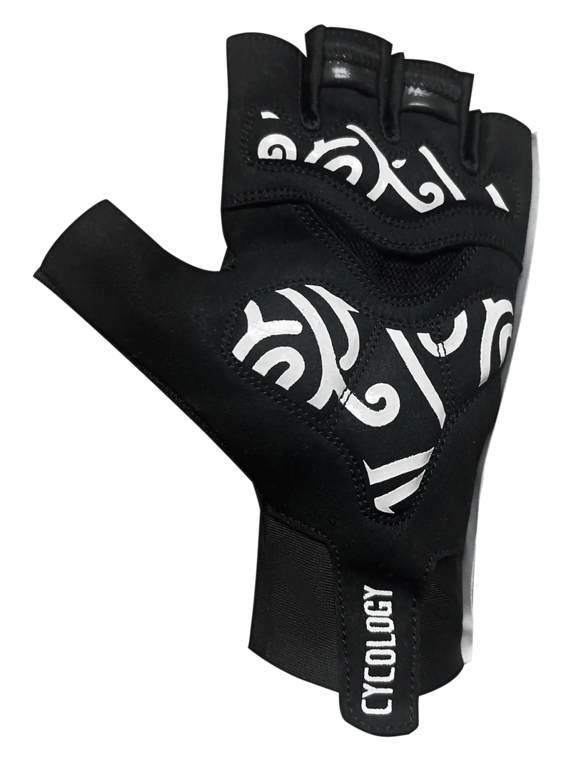 Black fingerless cycling glove with white logo, designed for men's and women's bike rides
