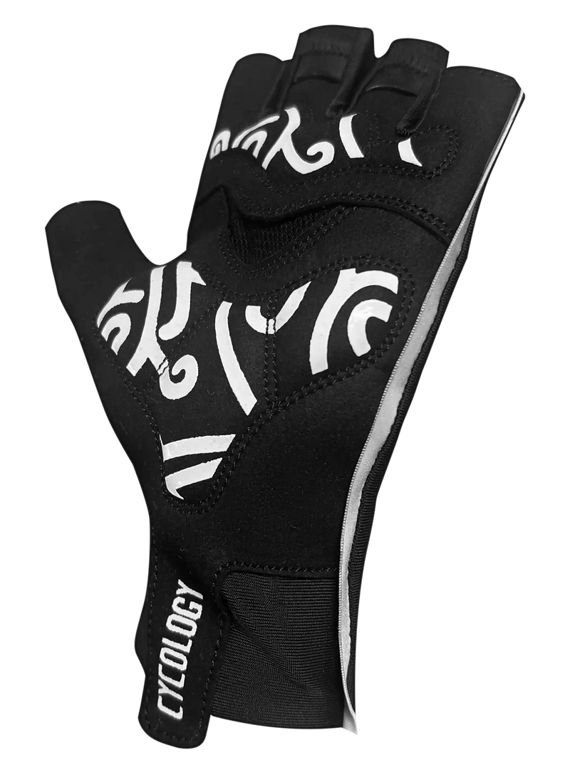 Black fingerless cycling glove with white graphic design and Cycology branding, ideal for road biking comfort.