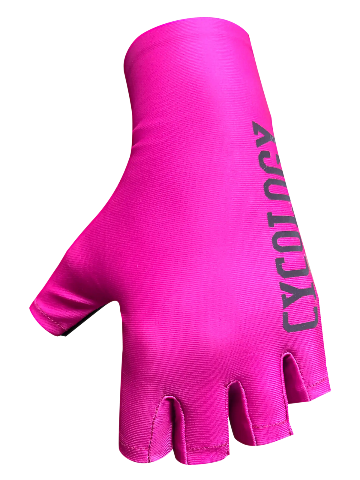 Bright pink fingerless cycling glove with black logo, designed for comfort and performance on rides.