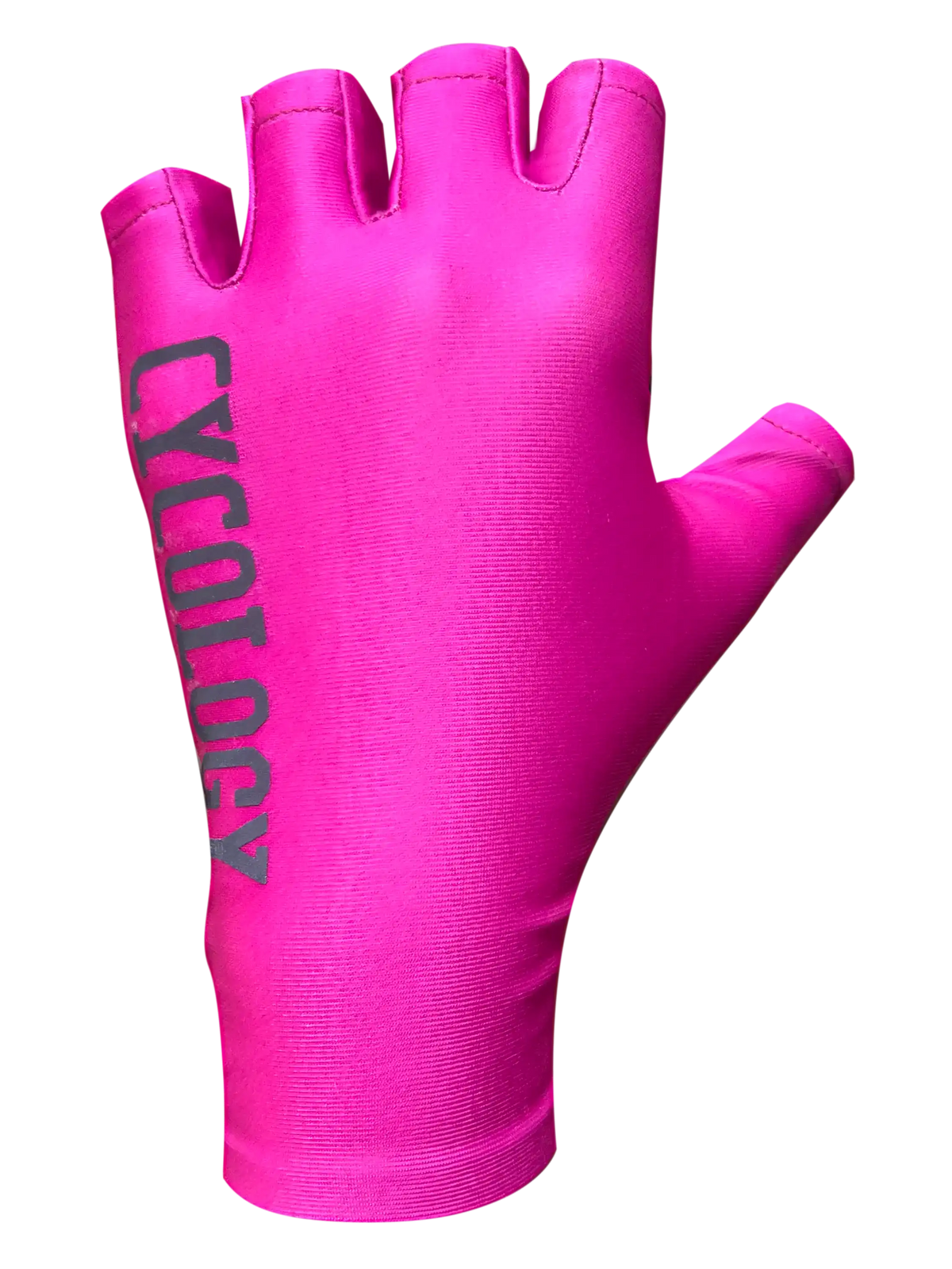 Bright pink fingerless cycling glove with 'CYCOLOGY' logo, designed for comfort and performance on rides.