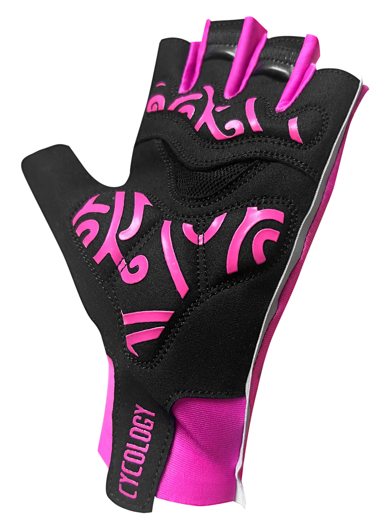 Black and pink fingerless cycling gloves with bold grip  design on the palm  