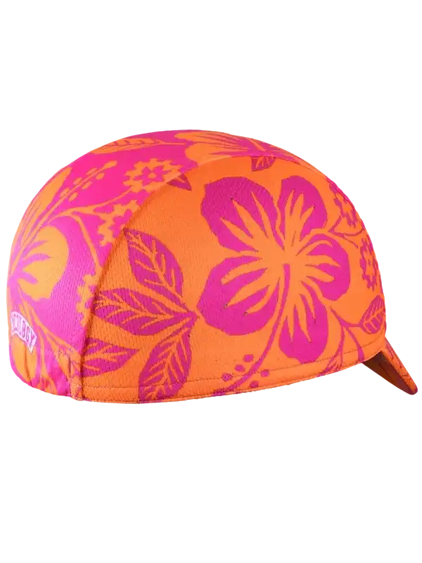 Vibrant orange and pink floral cycling cap with hibiscus print, ideal for summer rides.