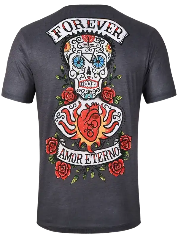Men's cycling t-shirt with sugar skull, roses, and 'Amor Eterno' design for unique style