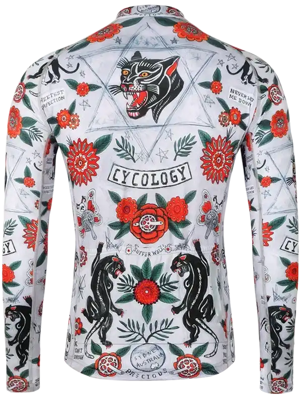 Men's cycling jersey with bold panther and floral tattoo print, long sleeve, white base, vibrant red accents
