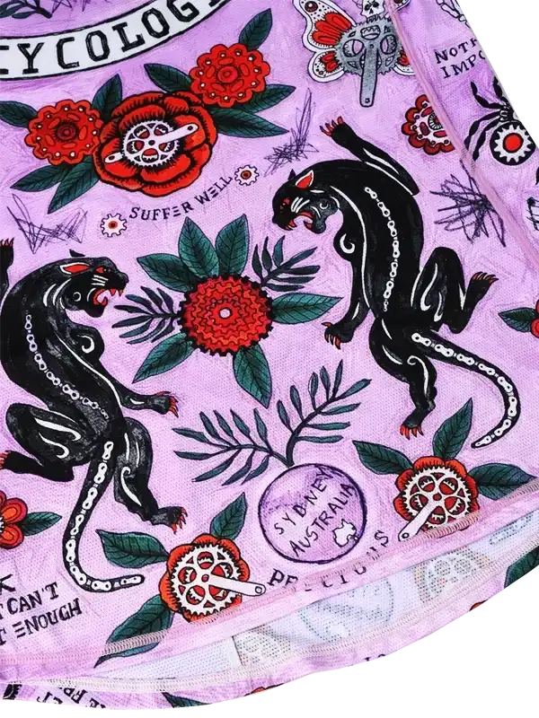 Purple cycling jersey with black panther, red floral, and gear designs for men's and women's bike wear