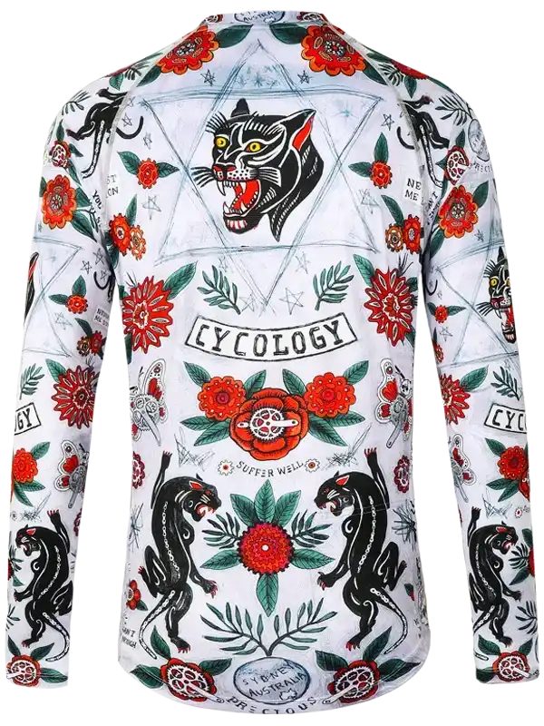 Men's cycling jersey with bold black panther and red floral tattoo print, featuring 'CYCOLOGY' branding on back.