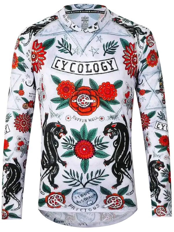 Men's cycling jersey with bold floral and panther print design, ideal for road biking adventures.