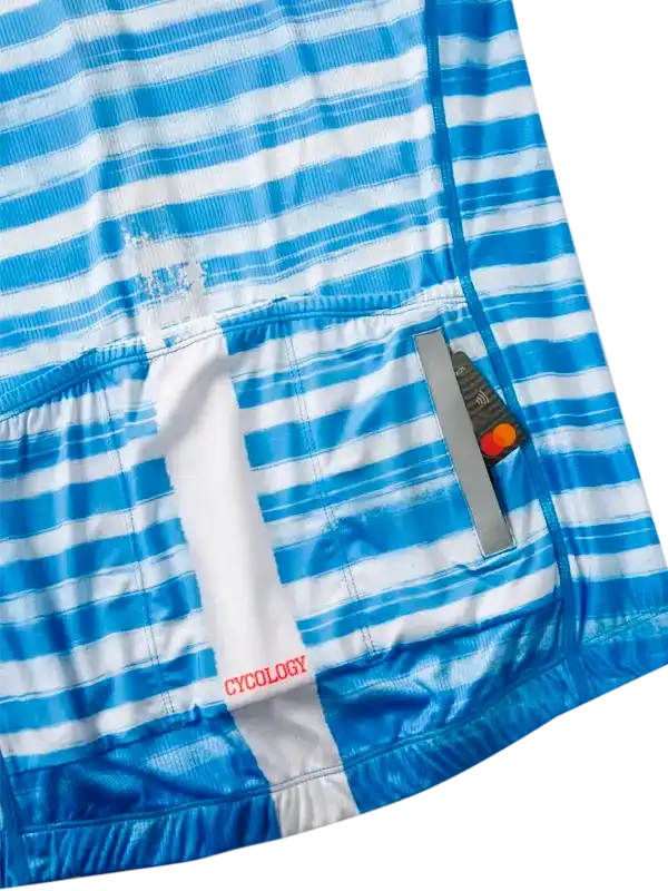 Blue and white striped cycling jersey with rear pocket and CYCOLOGY logo, designed for comfort and performance.